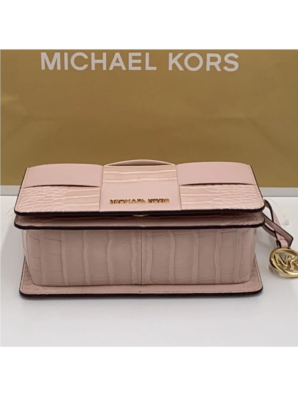 Michael Kors Mercer powder blush Woven Croc-Embossed Leather Crossbody